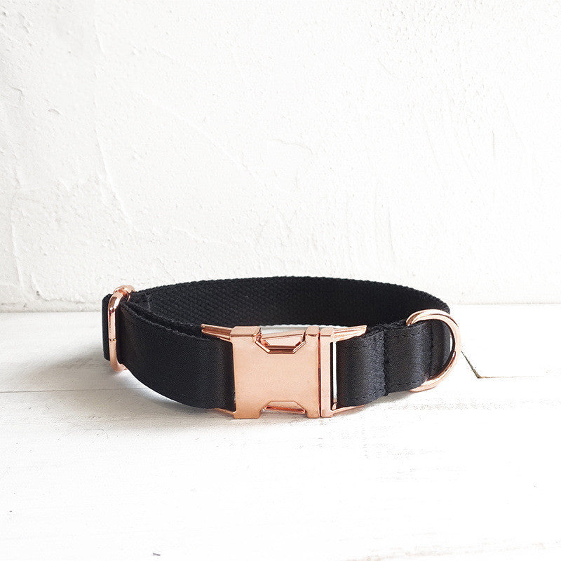 Black personalized dog collar with adjustable buckle and pet name tag