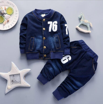 Boys denim long sleeve casual suit with button-up top and matching pants