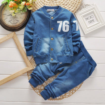 Boys denim long sleeve casual suit with button-up jacket and matching pants