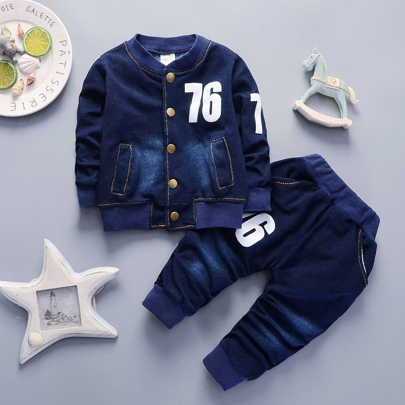Boys denim long sleeve casual suit with button-up jacket and matching jeans outfit
