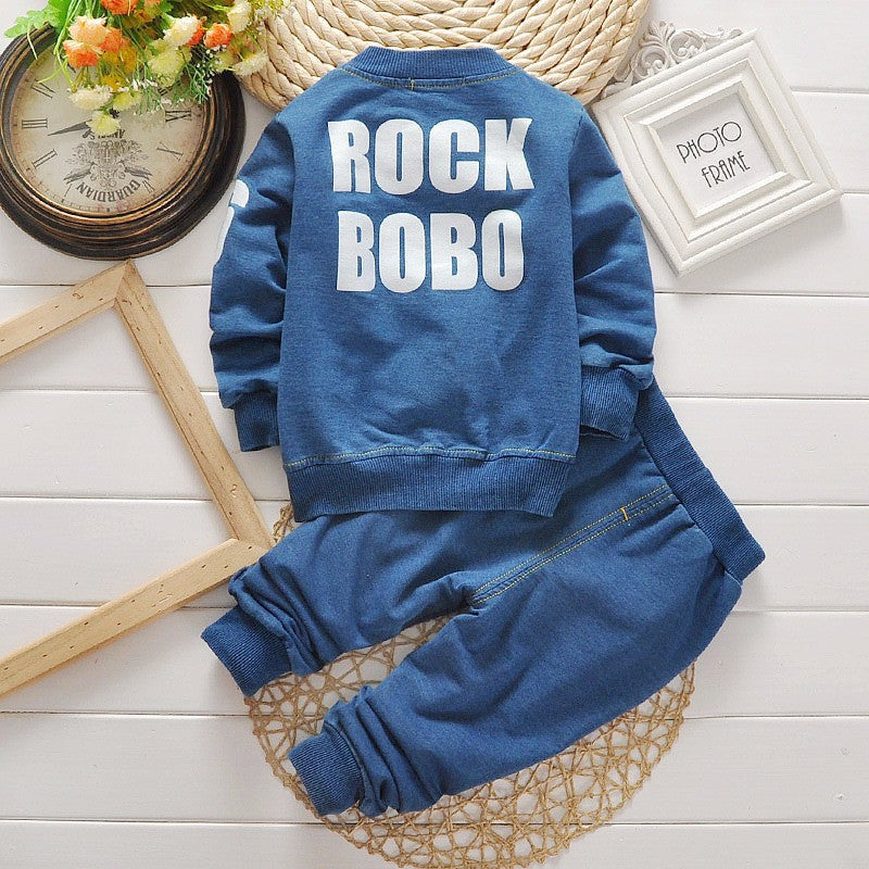 Boys denim long sleeve casual suit with button-up jacket and matching pants outfit