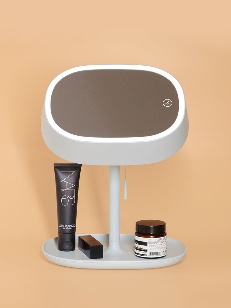 Muid portable foldable LED makeup mirror in red with tabletop dressing mirror design