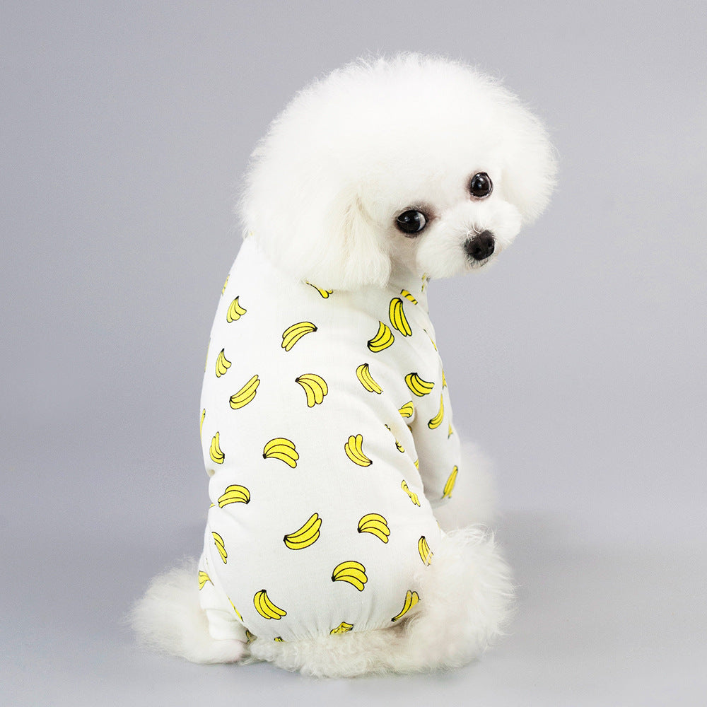 Dog pajamas with four-legged cotton design and casual cartoon fruit pattern for pet homewear