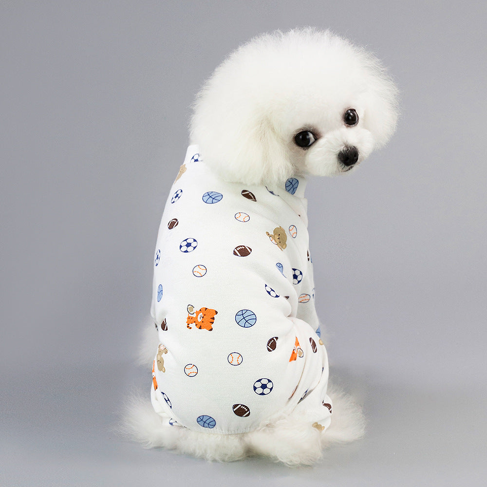 Four-legged cotton dog pajamas with a casual cartoon fruit pattern in soft homewear style