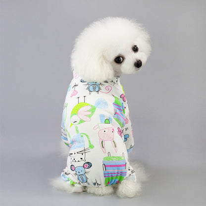 Dog wearing four-legged cotton pajamas with a casual cartoon fruit pattern
