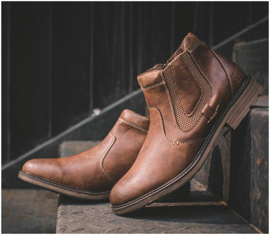 Men's ankle zipper boots, winter warm shoes with side zip and rugged sole