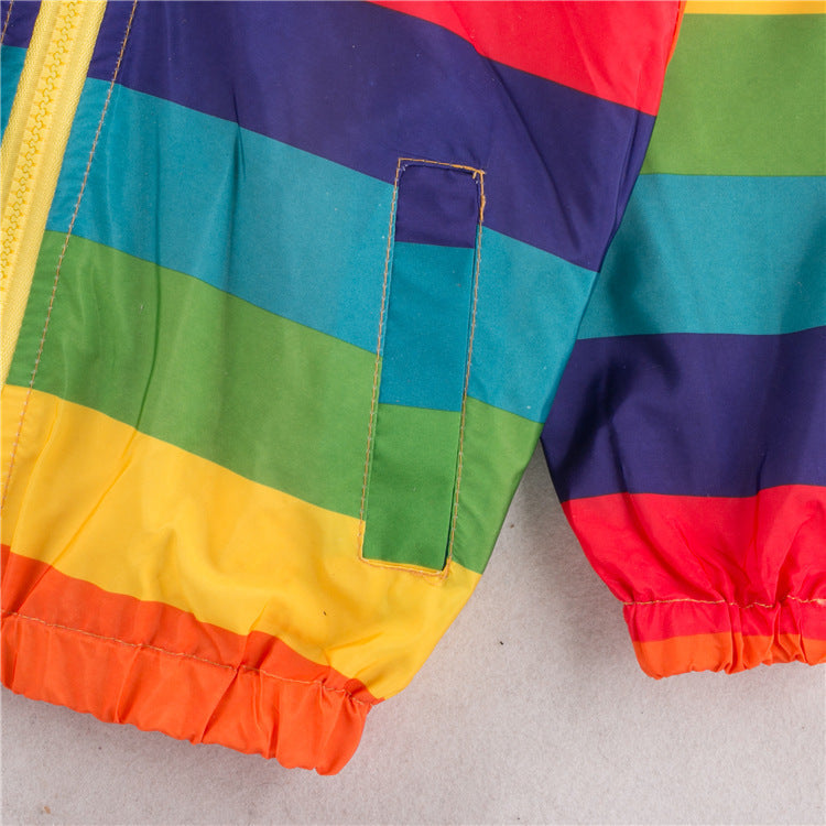 Rainbow hooded zipper jacket for kids with colorful rainbow design and front zip closure