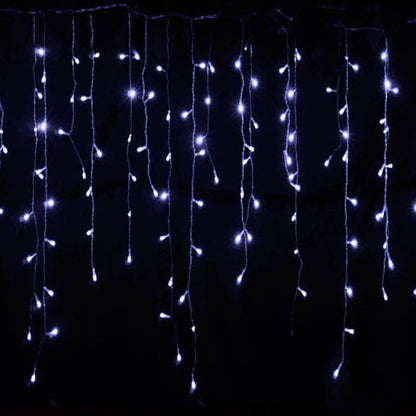 LED starry icicle light string with cascading white lights, decorative hanging design.