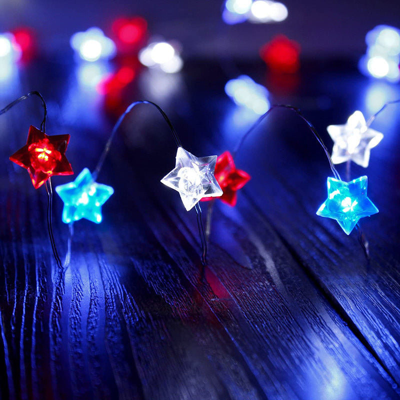 Three-color star-shaped holiday decoration light string with illuminated stars in red, green, and blue