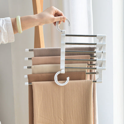 Telescopic folding multifunctional pants rack hanger for household use, white metal frame with multiple bars