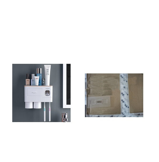Non-marking hanging magnetic toothbrush holder with single drawer, toothpaste squeezer, and toiletry storage rack