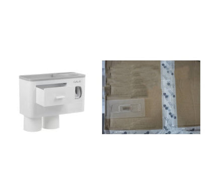 Hanging magnetic toothbrush holder with single drawer, toothpaste squeezer, and non-marking adhesive rack