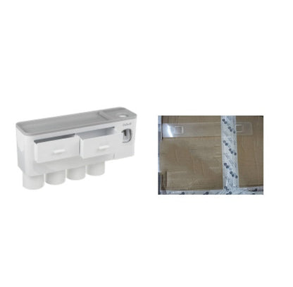 Hanging magnetic toothbrush holder with single drawer storage rack and toothpaste squeezer, non-marking design