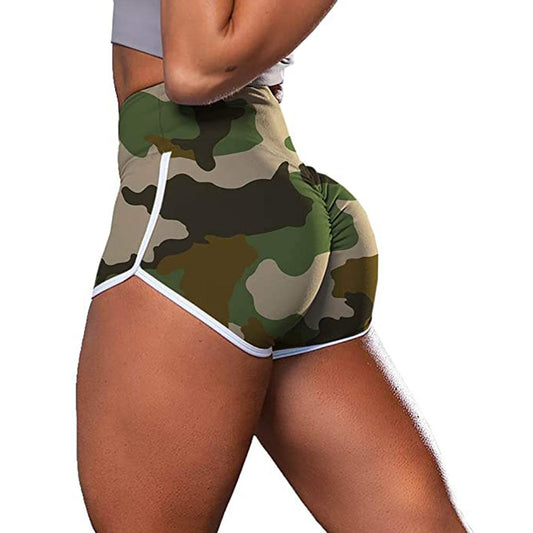 Ladies camouflage tie-dye hip-up fitness casual shorts with an elastic waistband and fitted design