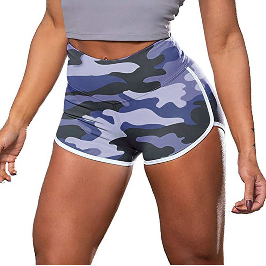 Ladies camouflage tie-dye print hip-up fitness casual shorts with elastic waistband and fitted design