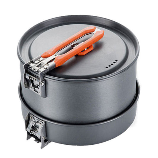 Portable outdoor cookware camping heat set for picnics; compact cooking pots and utensils displayed.