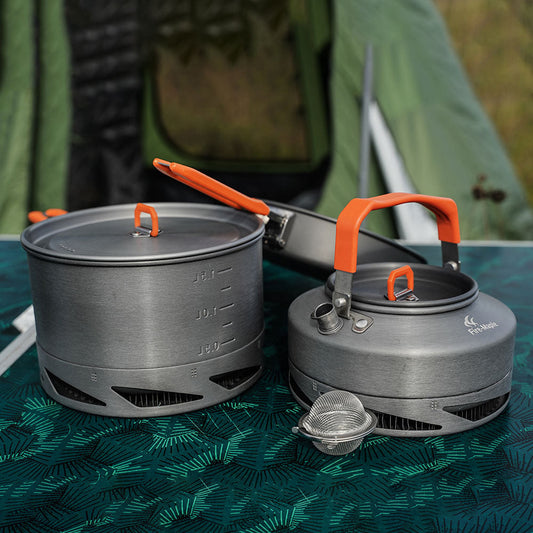 Portable outdoor camping cookware and picnic heat set with compact cooking pots for outdoor meals
