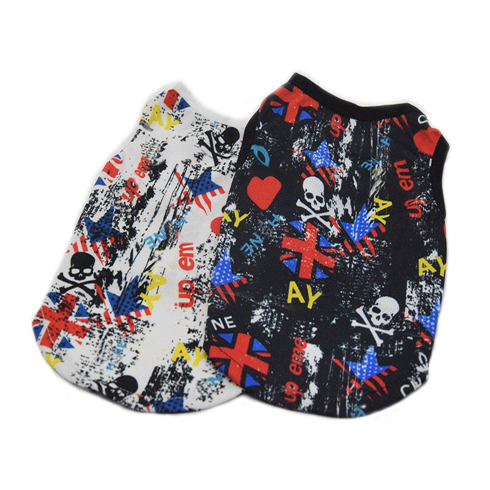 Trendy punk street dog clothes with edgy graphic design in a close-up product view