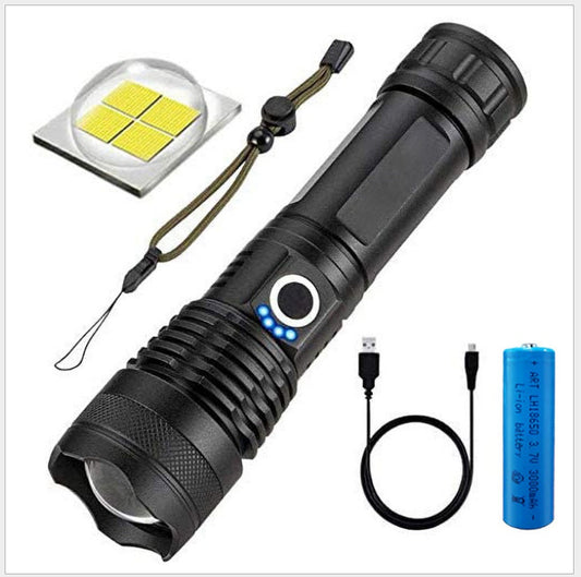 Rechargeable LED flashlight with zoom, power display, and portable design for outdoor use