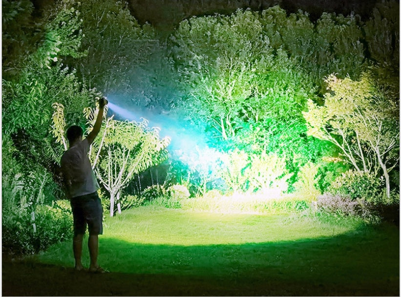 Rechargeable strong light flashlight with zoom and power display, portable outdoor design
