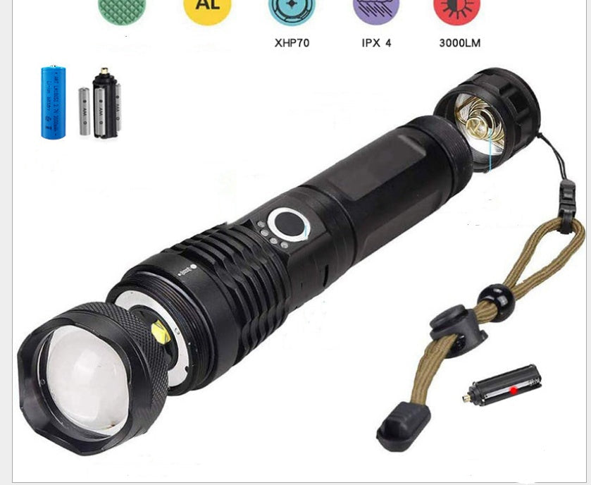 Rechargeable super bright portable flashlight with zoom and power display for outdoor use