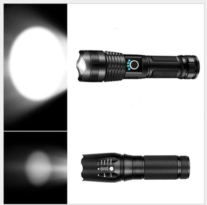 Rechargeable strong light flashlight with zoom and power display, compact portable design for outdoor use
