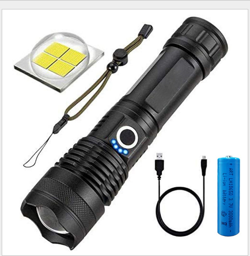 Strong light rechargeable flashlight with zoom, power display, and portable outdoor design