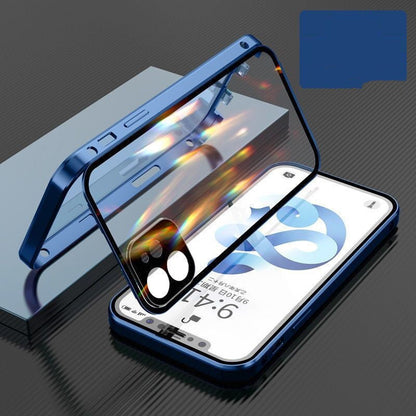 Apple-compatible mobile phone shell with metal frame buckle and double-sided glass case
