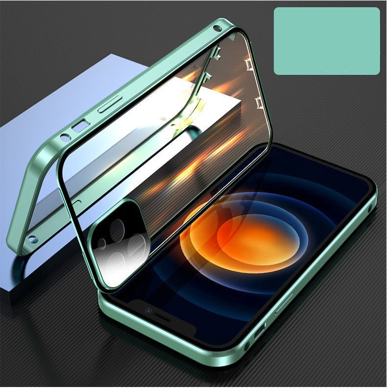 Apple compatible mobile phone shell with metal frame buckle and double-sided glass case