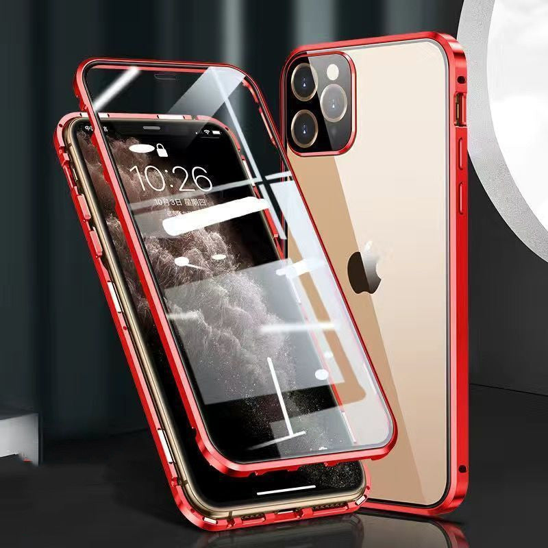 Apple-compatible metal frame phone case with double-sided glass and buckle closure