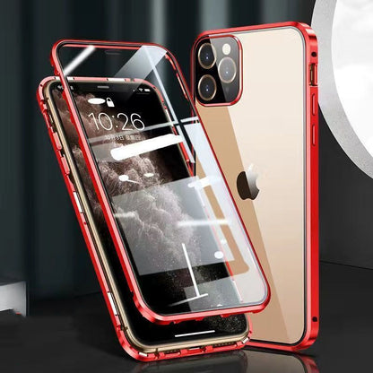Apple-compatible metal frame phone case with double-sided glass and buckle closure