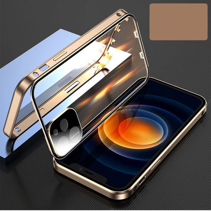 Compatible with Apple mobile phone shell featuring a metal frame buckle and double-sided glass case