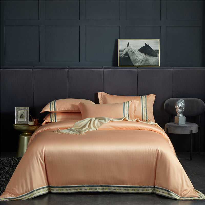 Four-piece washed silk satin striped sheet set in solid color ice silk fabric