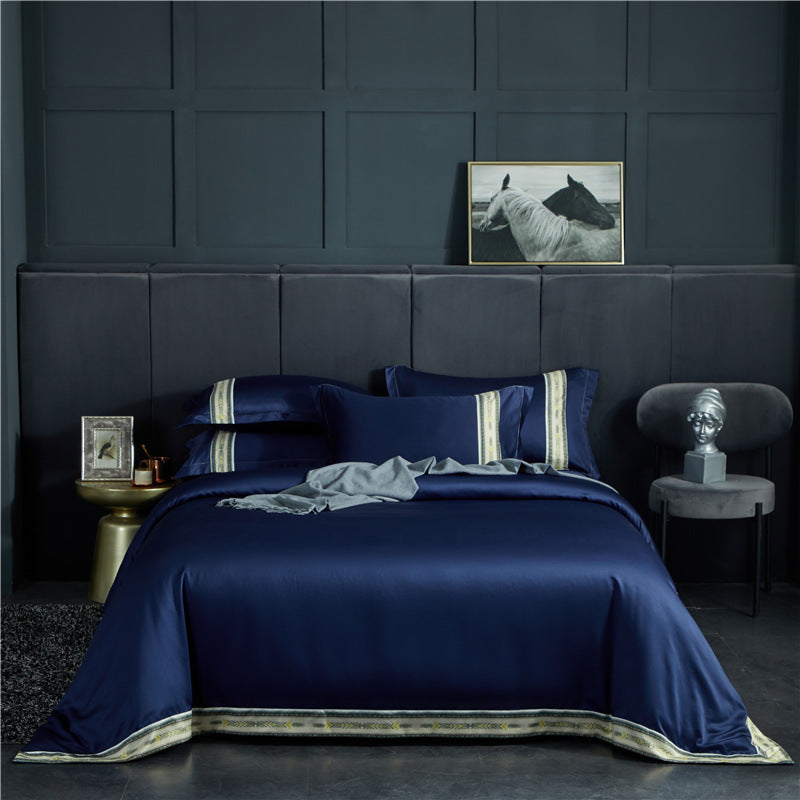 Four-piece washed silk satin striped sheet set in solid color ice silk fabric, Jane Ou silk bed linen