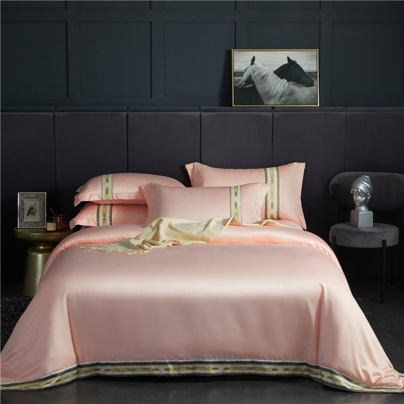 Four-piece washed silk satin striped sheet set in solid color ice silk fabric, smooth Jane Ou silk bed linen