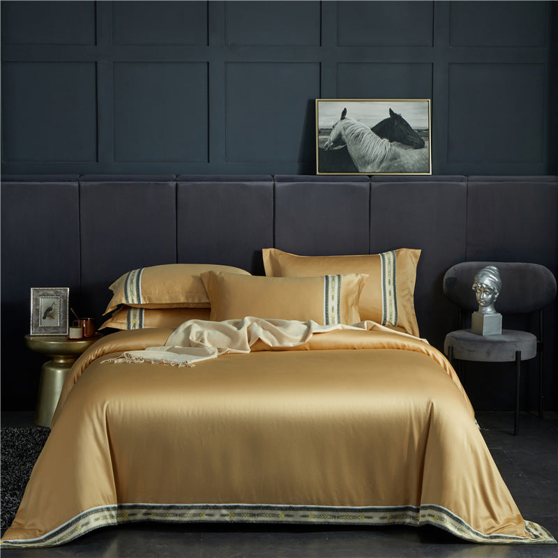 Four-piece washed silk satin striped sheet set in solid color ice silk fabric by Jane Ou