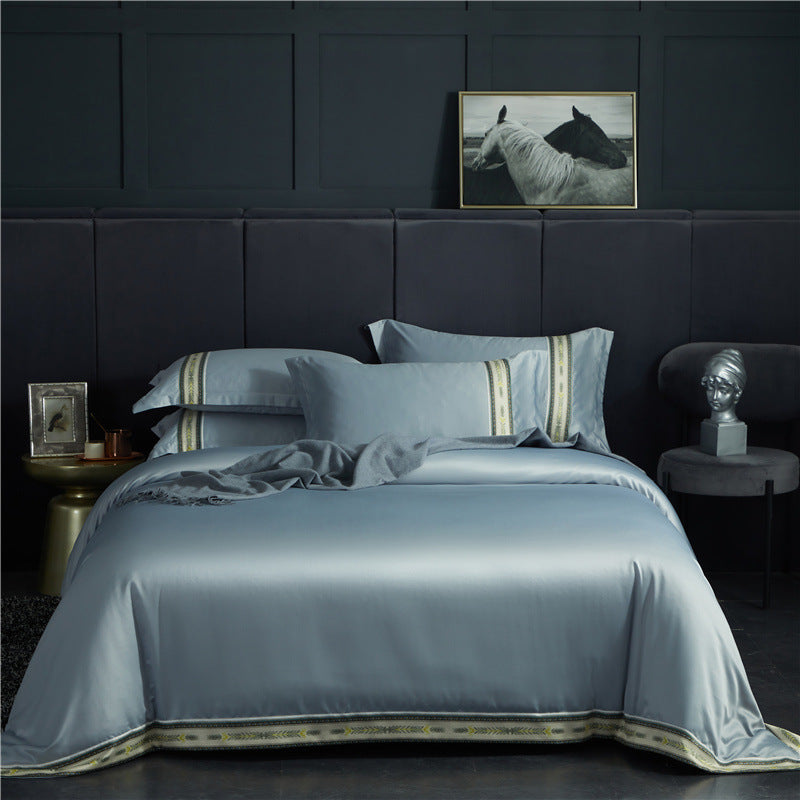 Four-piece washed silk satin striped sheet set in solid ice silk fabric, Jane Ou silk slippery bed linen