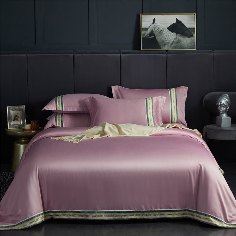 Four-piece washed silk satin striped sheet set in solid color, smooth ice silk bed linen by Jane Ou