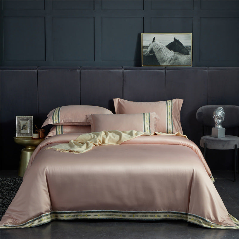 Four-piece washed silk satin striped sheet set in solid color, smooth ice silk bed linen with slippery finish