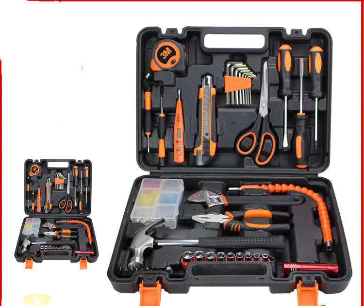 Household hardware tool set in a car repair toolbox, featuring assorted hand tools for vehicle maintenance