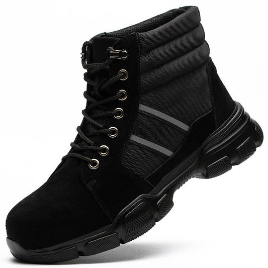 Oxford cloth anti-smashing and anti-piercing high-top safety shoes in black and gray, side view
