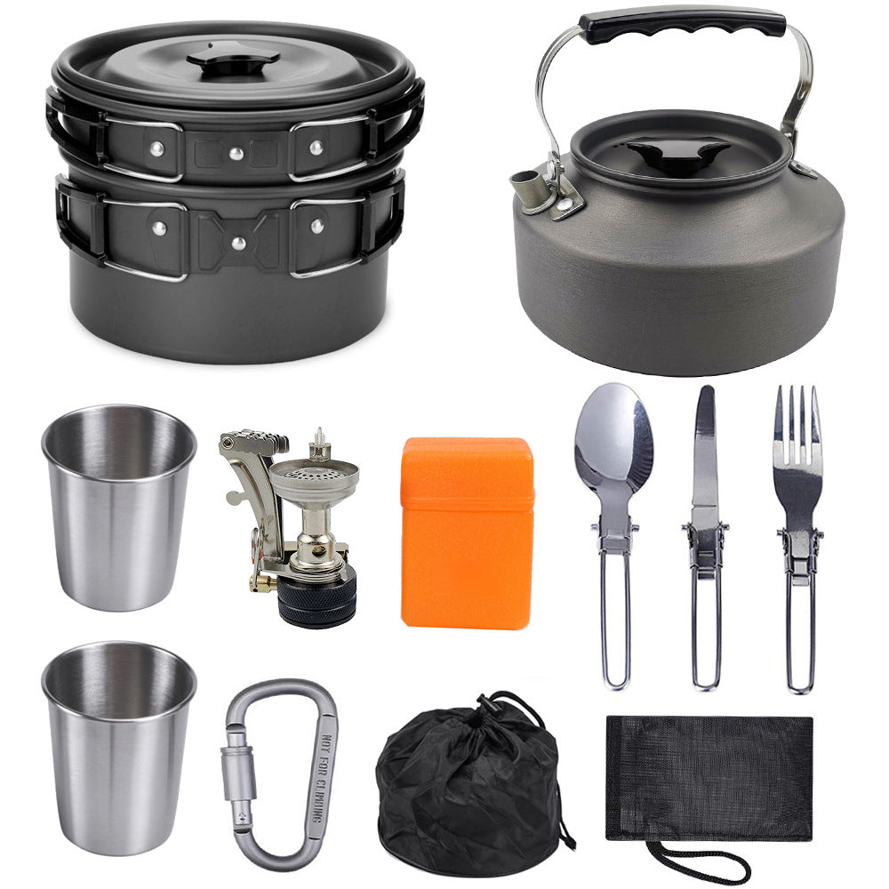 Portable camping outdoor cooker kettle for outdoor cooking, compact metal design; brand not visible