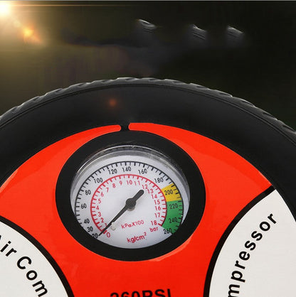 Portable car tire electric inflator powered by car battery, compact design with air hose and pressure gauge