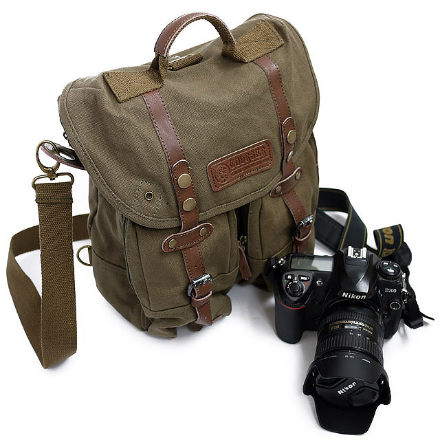 Casual canvas SLR camera bag with adjustable shoulder strap and durable exterior receptacle