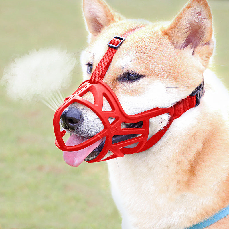 Dog mouth cover muzzle in black mesh with adjustable straps for secure fit