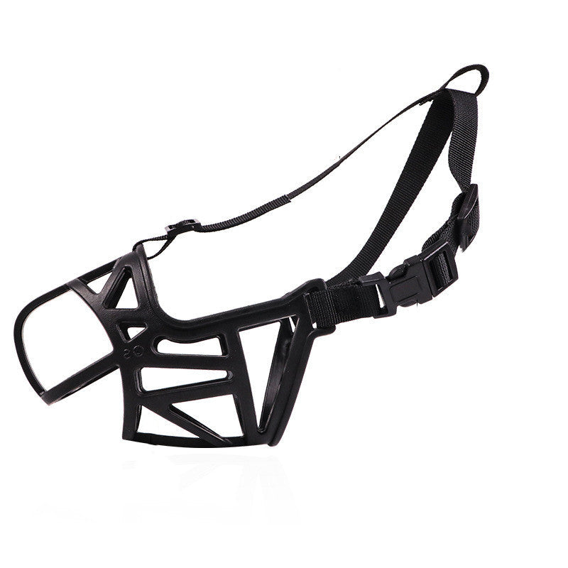 Black dog mouth cover muzzle with adjustable strap, viewed from the side