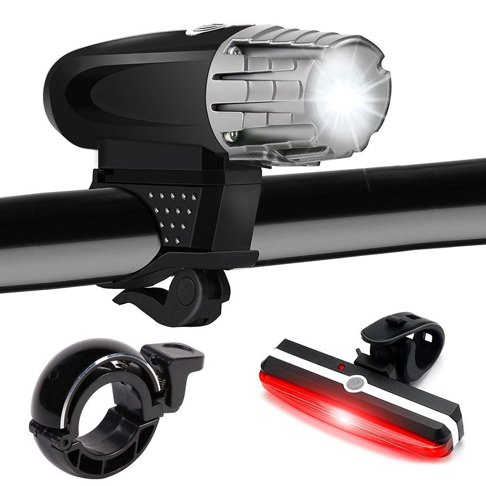 Rechargeable strong-light USB bicycle headlights and taillights mounted on a mountain bike