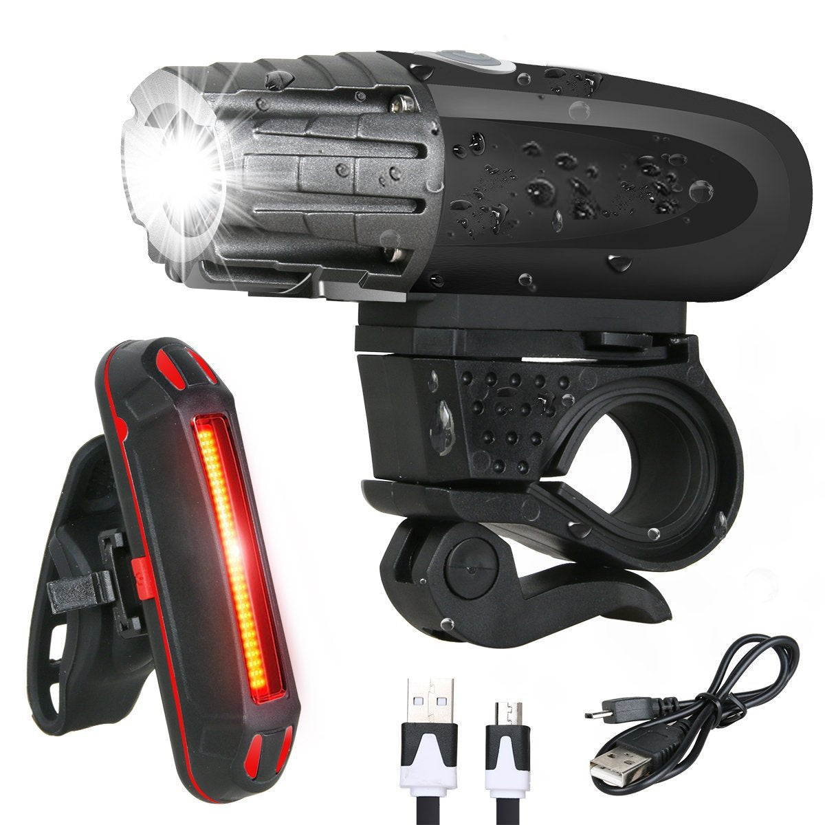 Rechargeable USB bicycle headlights and taillights mounted on a mountain bike, featuring strong front and rear lights