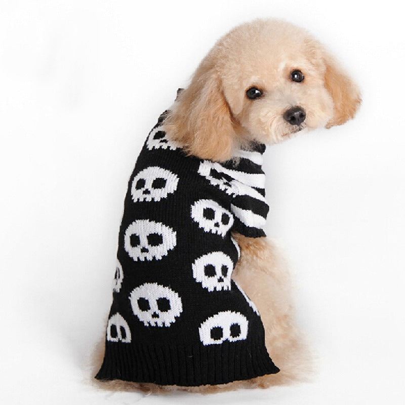 Skull dog Halloween sweater by My Store, black pet apparel with white skull pattern