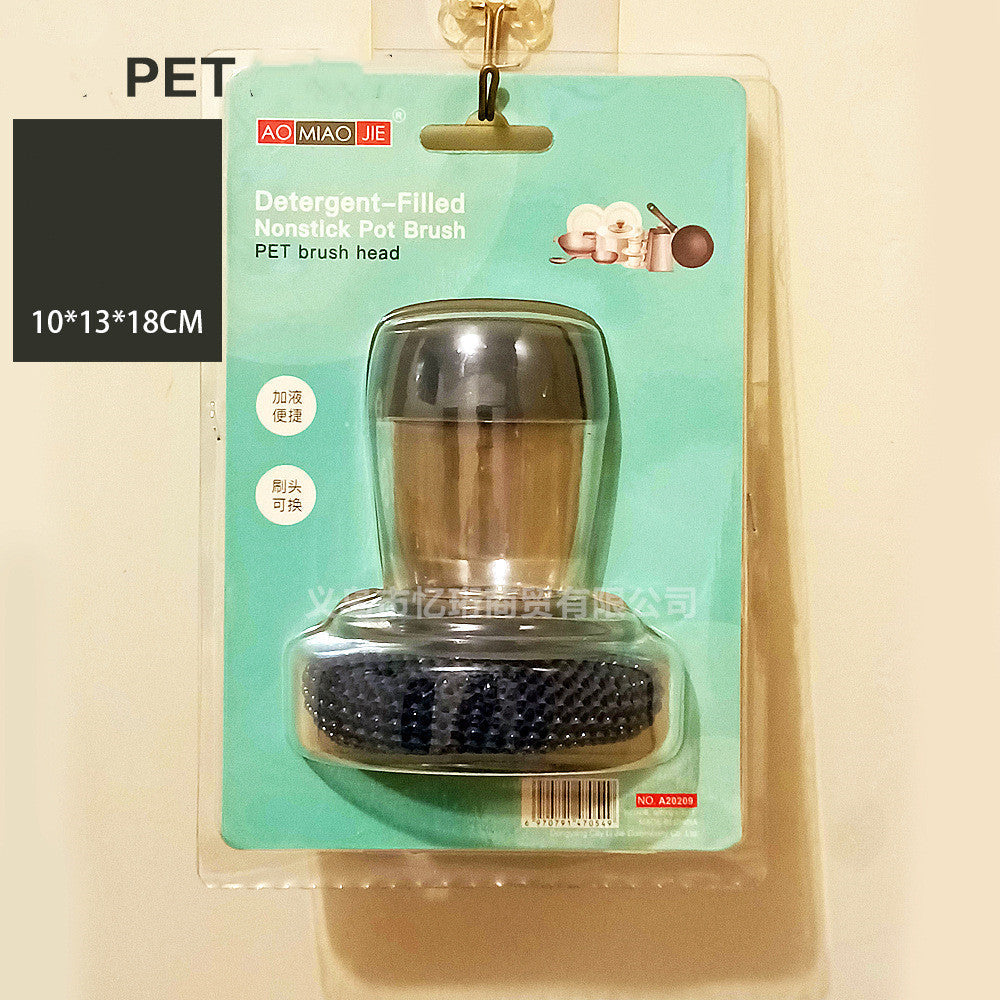 Kitchen soap dispensing palm brush cleaner, push-type dishwashing brush with detergent handle